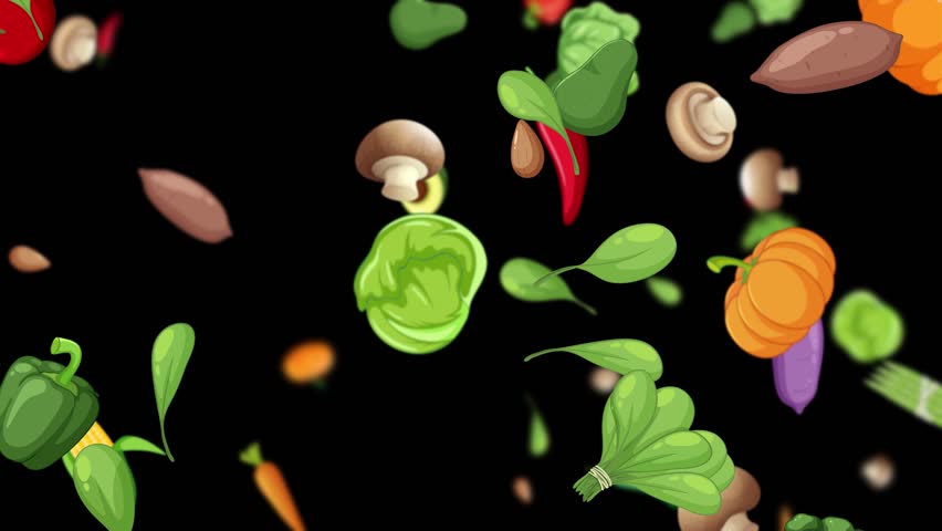 Colorful vegetables falling against a dark backdrop