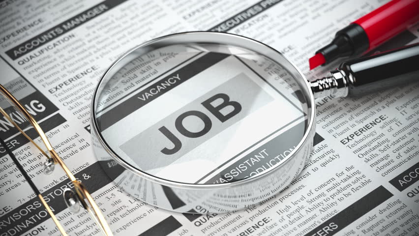 Job search. Loupe with jobs classified ad newspapers. 3D Illustration