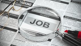 Job search. Loupe with jobs classified ad newspapers. 3D Illustration - Powered by Shutterstock - Get 15% off with code: PIKWIZARD15