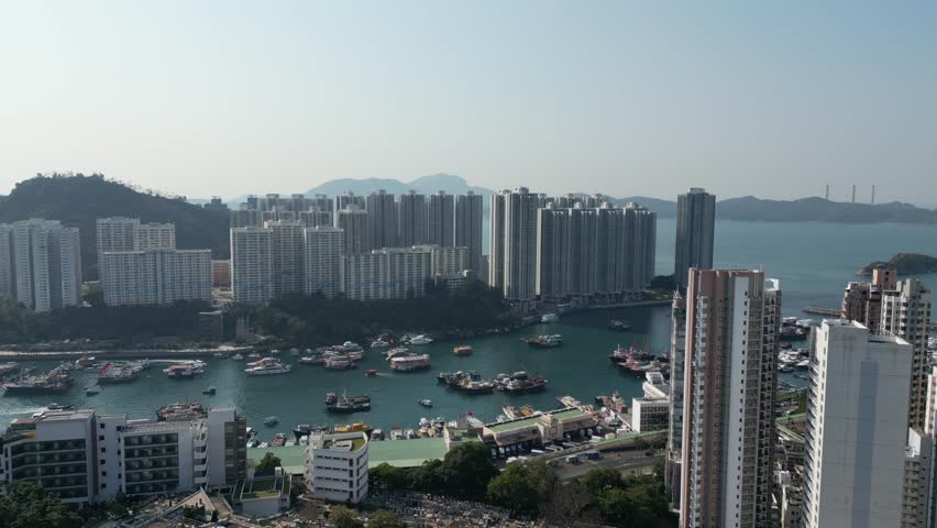 Pok Fu Lam, Aberdeen, Wong Chuk Hang, Ap Lei Chau, Lei Tung, Deep Water Bay, Shouson Hill. Aerial skyview of natural forest landscape of the coastal city in Hong Kong Island