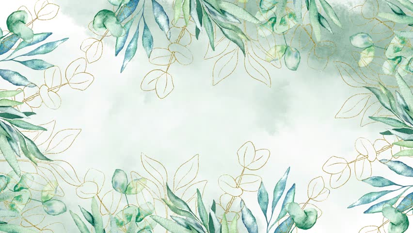 Watercolor eucalyptus tropical green and golden leaves on light green background, texture, animation groing moving minimal decoration botanical ecological wedding invitation spring summer plants