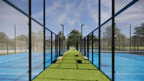 zoom out empty padel court with blue flooring, metal frame and glass walls Closeup. 3d animation Located in the sports complex facility area concept. 4k footage - Powered by Shutterstock - Get 15% off with code: PIKWIZARD15