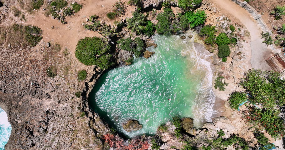  Village Boca de Yuma Caribbean rocky coastline, Dominican Republic, beautiful ocean view aerial panorama