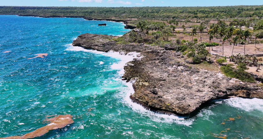  Village Boca de Yuma Caribbean rocky coastline, Dominican Republic, beautiful ocean view aerial panorama