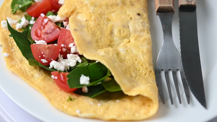 Stuffed omelette with tomatoes and spinach on wooden table video