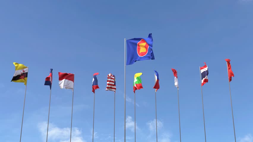 Looping video of ASEAN flag Waving on blue sky background, Loop Animation Asia flags