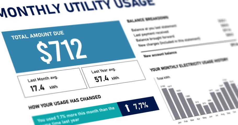 Utility bill rising cost, electric bill statement with increasing expenses, invoice, close-up camera movement over paper document, footage