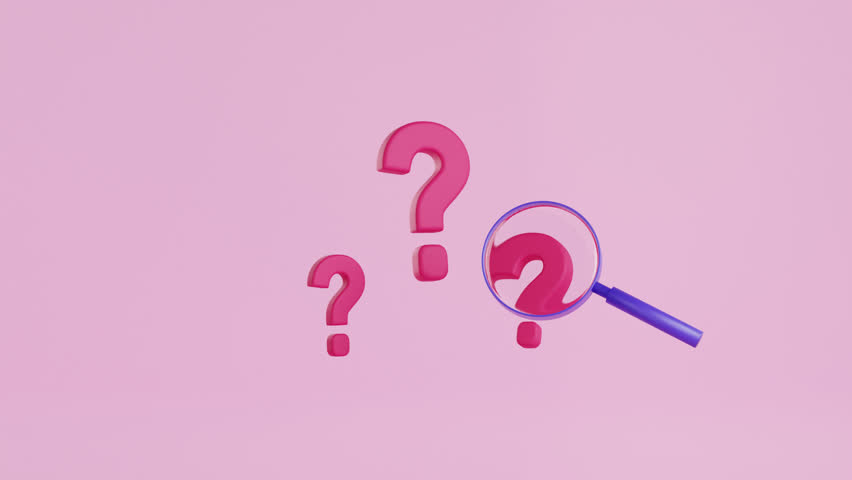 Loop animation of question marks and magnifying glass. 3d render, realistic style. look for answer, find a solution concept. problem-solving, curiosity, online search. Research, analysis, FAQ.