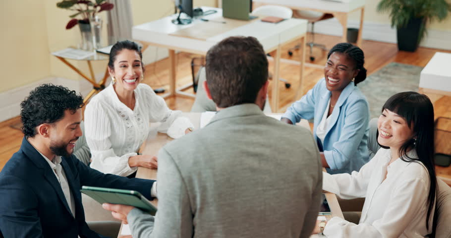 Clapping hands, meeting and business people in office with presentation for company revenue growth. Happy, celebration and team of financial managers with applause or cheering for investment profit.