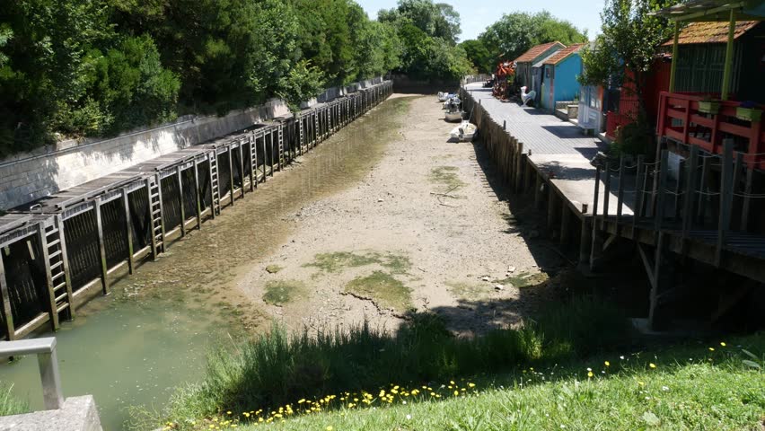 Tilt up view of the coloured huts of oyster farmers in Château-d