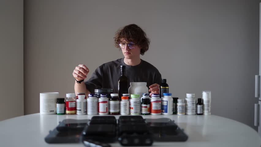 A person selects a supplement bottle from a table filled with various health products. The scene emphasizes natural, organic-based supplements, promoting wellness and healthy nutrition.