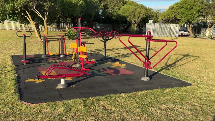 An outdoor gym in the middle of a park in suburban Cape Town.