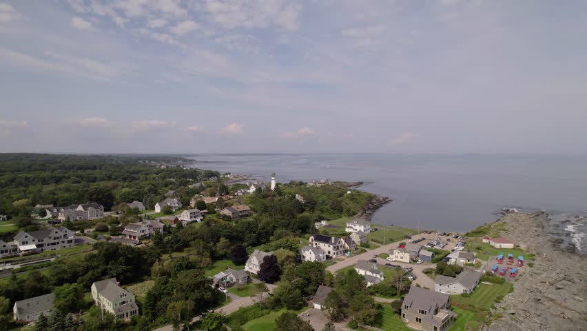 Aerial view of Cape Elizabeth overlooks a lighthouse on the Atlantic coast