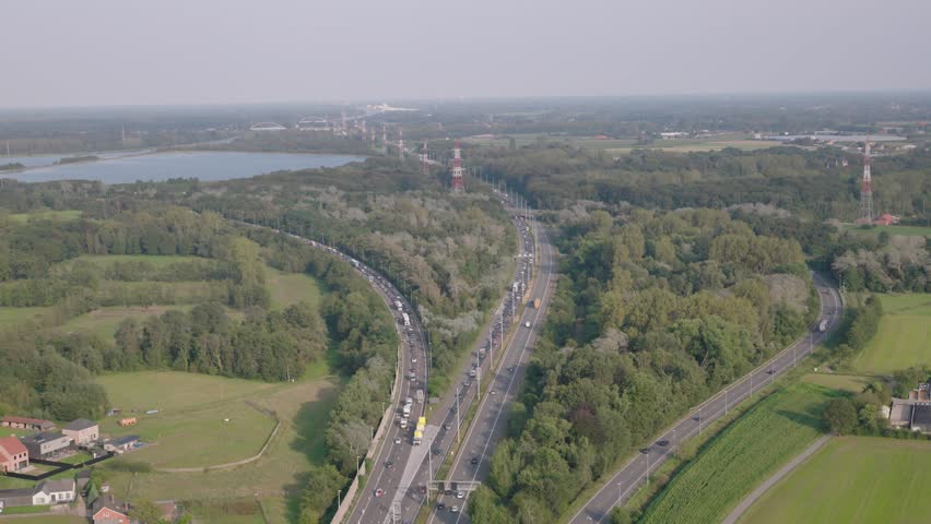 E313 highway road in Belgium, aerial panoramic view