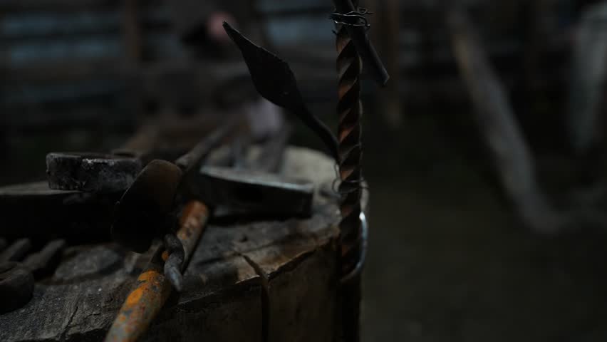 Iron Tools Blacksmith Workshop, Hammer Tongs Anvil Forge Crafting Traditional Metalwork in Rustic Setting