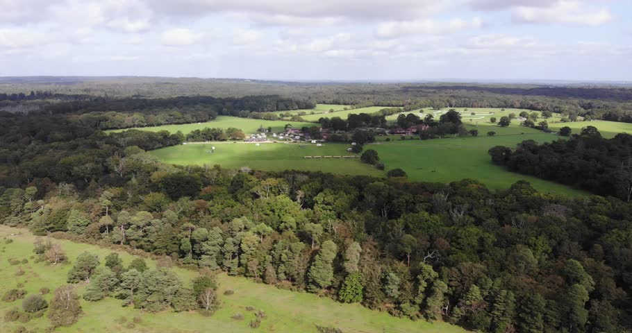 Capturing breathtaking aerial views of New Forest National Park, showcasing its lush meadows, dense trees, and expansive woodlands. push forward