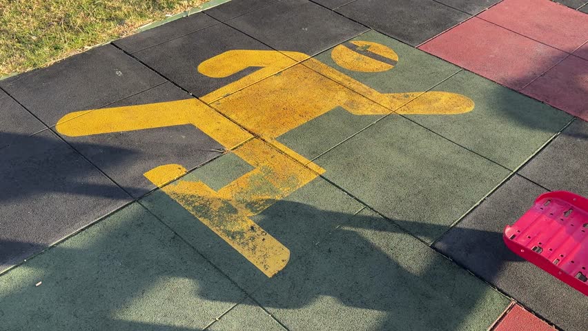 A mural of a man dancing or moving on the floor of an outdoor gym.