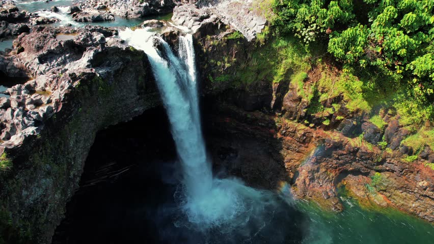 Aerial Drone Shot Of Rainbow Falls, Big Island, Hawaii, USA