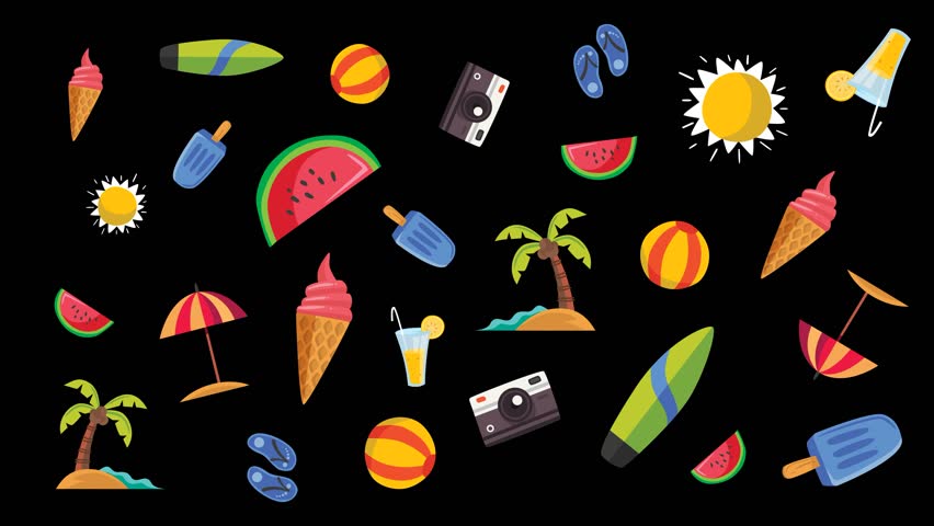4k animated Wallpaper Summer motion graphic moving elements. A colorful image of various summer items such as watermelon, ice cream, and beach balls, Isolated on Black Background.