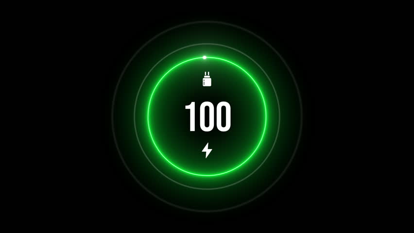 3D neon loading animation counting from 0 to 100%, featuring a glowing green circle, energy icons, and a charging connector on a dark background. Perfect for UI, tech, and futuristic visuals