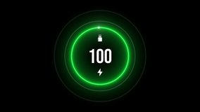 3D neon loading animation counting from 0 to 100%, featuring a glowing green circle, energy icons, and a charging connector on a dark background. Perfect for UI, tech, and futuristic visuals - Powered by Shutterstock - Get 15% off with code: PIKWIZARD15