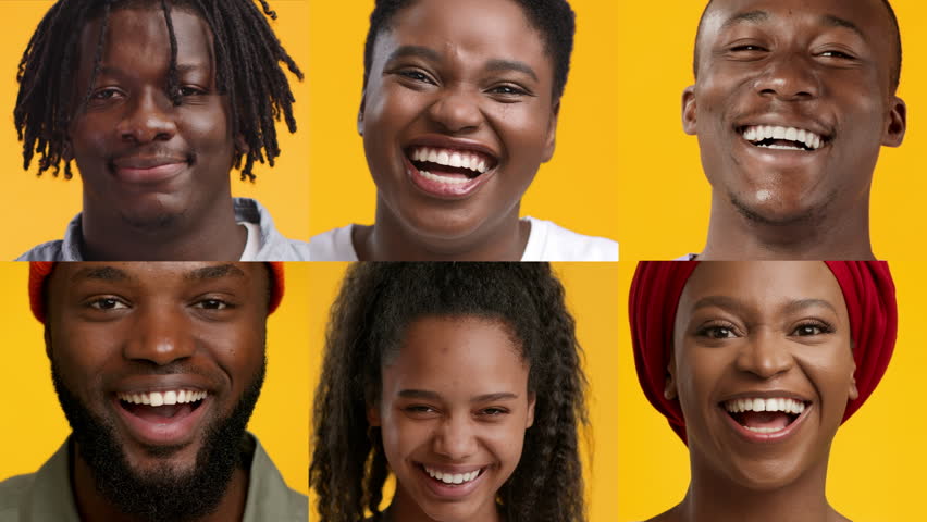 Six people with varied expressions of happiness and laughter, each captured with a warm yellow backdrop.