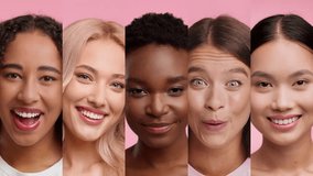 Five women with varying hair and skin tones smile, showcasing their happiness in a vibrant setting. - Powered by Shutterstock - Get 15% off with code: PIKWIZARD15