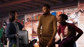 Overjoyed multiethnic startup team celebrating high valuation on stock exchange, raising money. Happy tech business entrepreneurs securing angel investments, becoming unicorn company, camera B - Powered by Shutterstock - Get 15% off with code: PIKWIZARD15