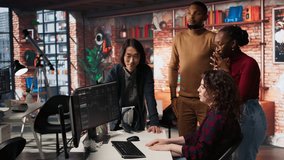 Overjoyed multiethnic startup team celebrating high valuation on stock exchange, raising money. Happy tech business entrepreneurs securing angel investments, becoming unicorn company, camera A - Powered by Shutterstock - Get 15% off with code: PIKWIZARD15