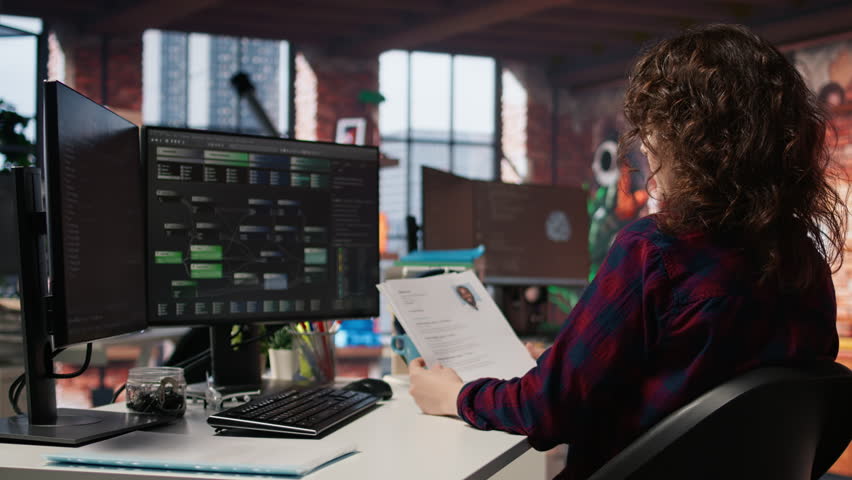 Tech startup HR employee analyzing candidates for job opening, reviewing resumes to determine skills. Woman screening people for software development Silicon Valley company position, camera A