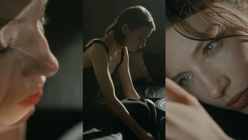 Split screen of Caucasian young woman reflecting on meaning of life, trying to cope with obsessive thoughts, feeling anxious during depressive episode