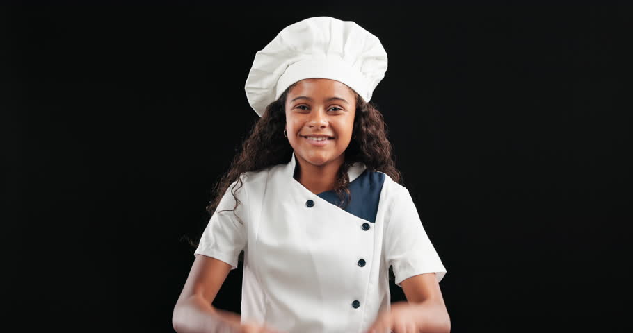 Girl, face and chef in studio with ok symbol, smile and agreement with good service by black background. Child, kid and happy with icon, emoji and excited with learning for cooking in Costa Rica