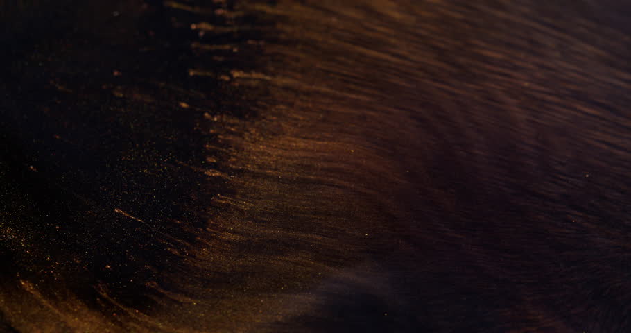 Glitter dust fluid. Grunge flow. Glowing particles ink stream lines on black mystic abstract background. Golden copper mix blur texture paint.