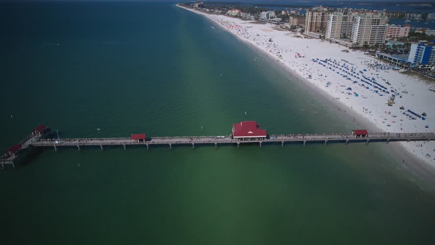 Clearwater Beach in Florida Hyperlapse as seen from the sky on a bright and sunny afternoon.