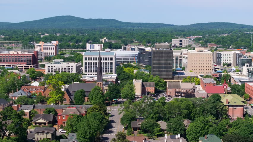 Historical American city architecture. Huntsville, old city in Alabama state. Streets and buildings from above.