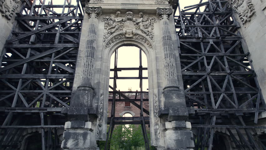 Ruins of Cantacuzino Palace, Petit Trianon of Floresti, Romania, Family crest above rear entrance, drone footage