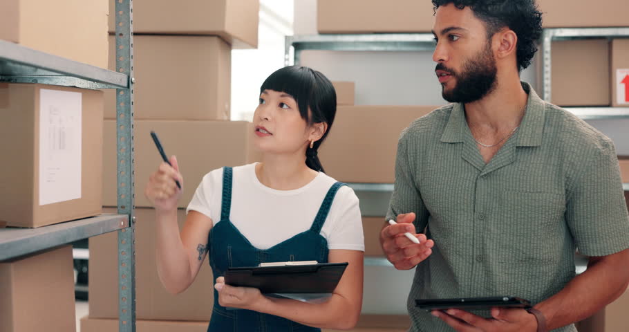 Cargo, inventory and tablet with people in factory for dropshipping, wholesale export or logistics. Boxes, supply chain and ecommerce with employees for customer rating, review and warehouse planning