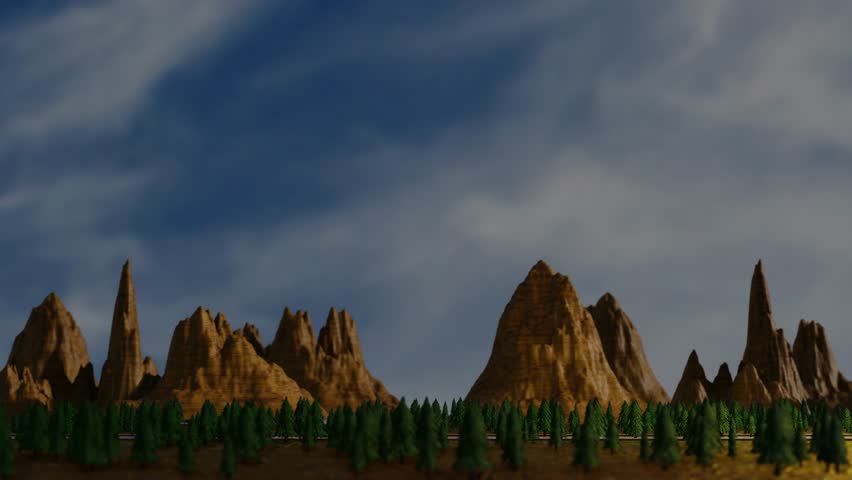 camera movement to the right along a mountain landscape with fir trees. stylized animation. 3d render looped animation