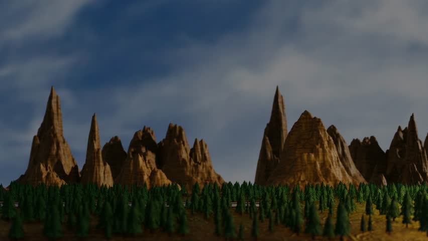 camera movement to the right along a mountain landscape with fir trees. stylized animation. 3d render looped animation