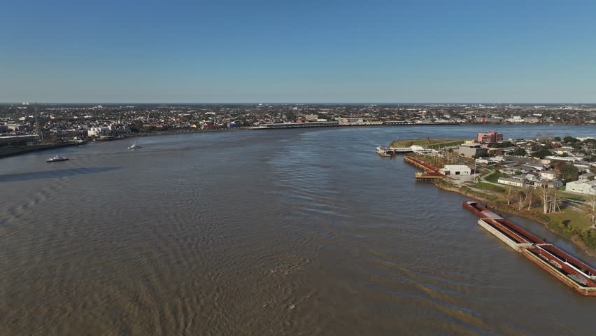 Drone view of the Mississippi River near New Orleans