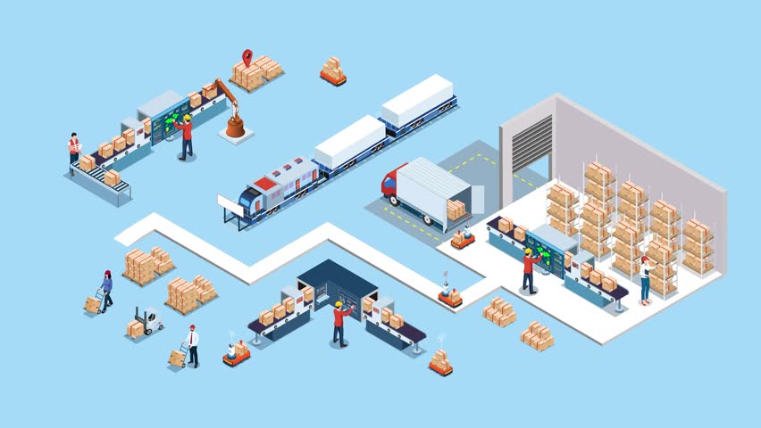 3D Isometric animation of Automated warehouse robotic and autonomous robot transportation service concept with Automated Guided Vehicles (AGVs) and Autonomous Mobile Robots (AMRs).