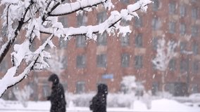 Street of city with houses and walking people in snowfall in winter. Urban winter cityscape in snowstorm. Weather concept - Powered by Shutterstock - Get 15% off with code: PIKWIZARD15