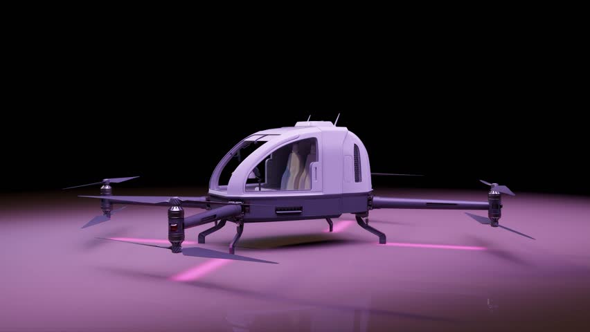 Exhibition model of an flying taxi, complete with lifting doors and a white aesthetic, purposed for automated passenger and cargo delivery. White design. 3D rendering.