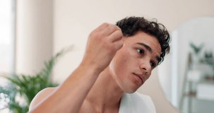 Serum, facial and skincare with man in bathroom for morning routine, beauty and hydration. Dropper, grooming and cleaning with person at home for self care product, hygiene and cosmetic treatment - Powered by Shutterstock - Get 15% off with code: PIKWIZARD15