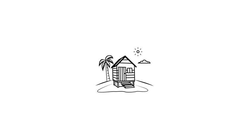 Hand drawn animated icon of a beach hut with a palm tree and sun