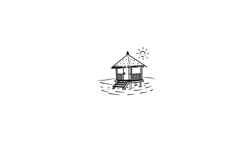 Doodle animated icon of a hut on stilts near the water