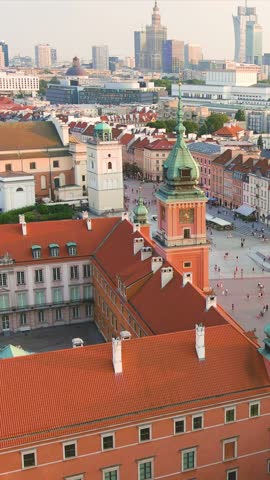 Aerial sunset view of Warsaw Royal Castle destroyed during the World War II and later restored. The symbol of the independence of the Polish state and a national cultural monument. Poland.