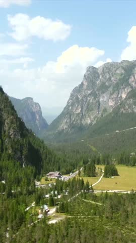 Breathtaking aerial view of lago di landro, or durrensee lake, surrounded by the stunning dolomites in south tyrol, italy