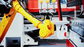 Pick and place industrial robotic arm manipulator moving sheet metal: part of hydraulic press bending machine - Powered by Shutterstock - Get 15% off with code: PIKWIZARD15