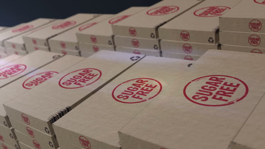 Sugar free box production line. Diabetic healthy diet Cardboard pack factory. Abstract concept 3d loopable seamless.